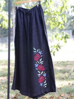 notPERFECTLINEN Black Palazzo Pants with Red Floral Embroidery